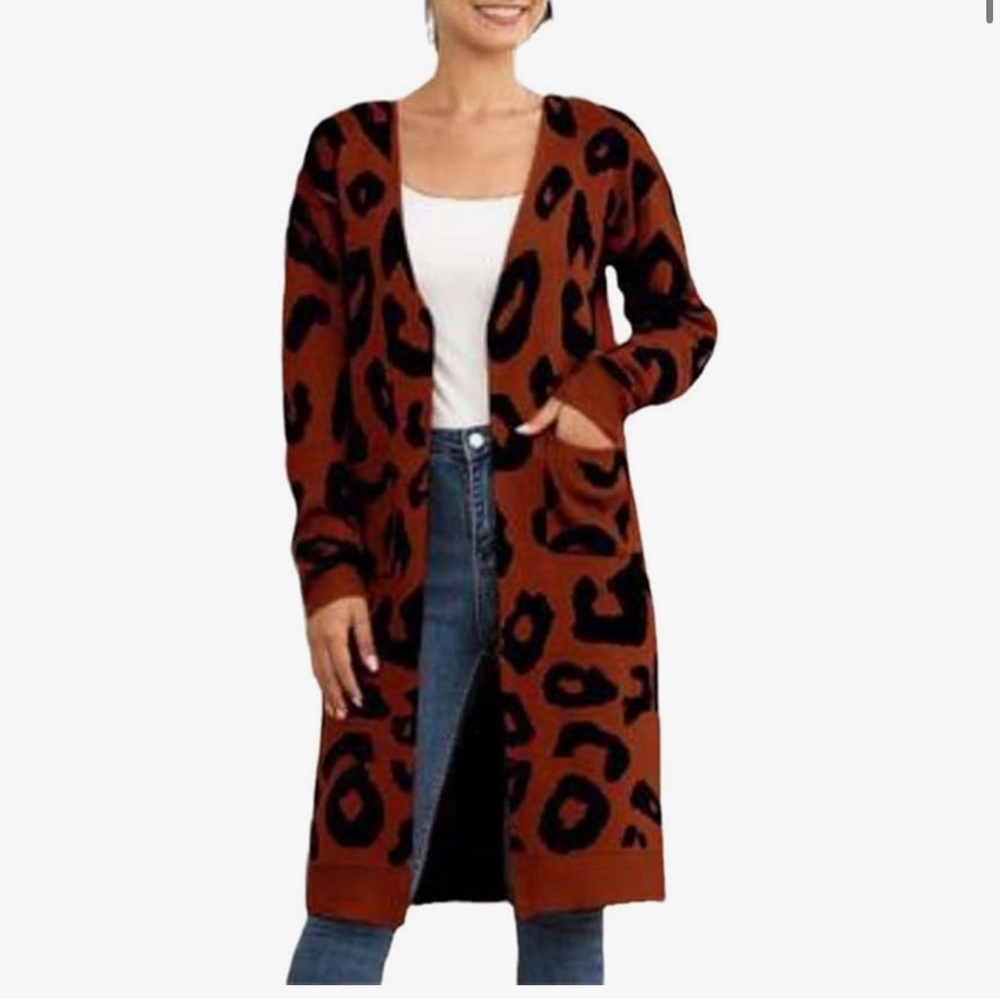 Rust/Brown and Black Leopard Print Long Cardigan Sweater